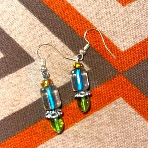 Blue green glass hanging earrings